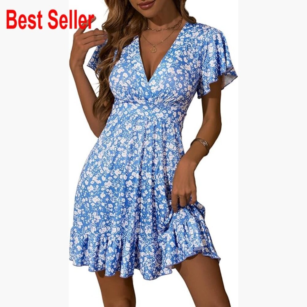 Floral Wrap V-Neck Ruffle A-Line Summer Dress